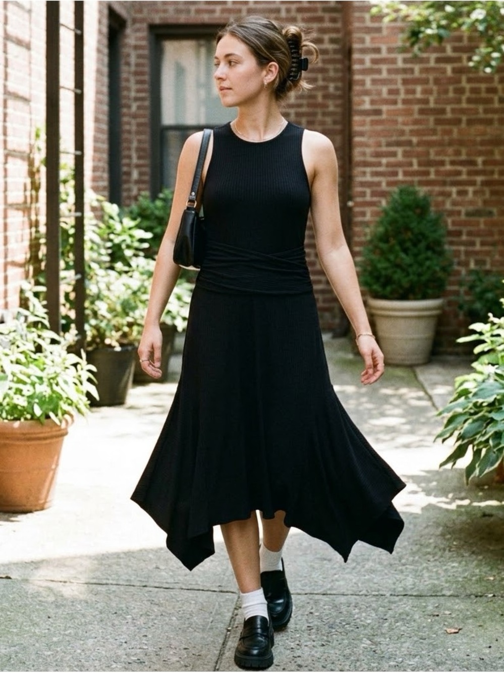 Anthropologie Kingsolver Black Ribbed Handkerchief Hem Midi Dress S